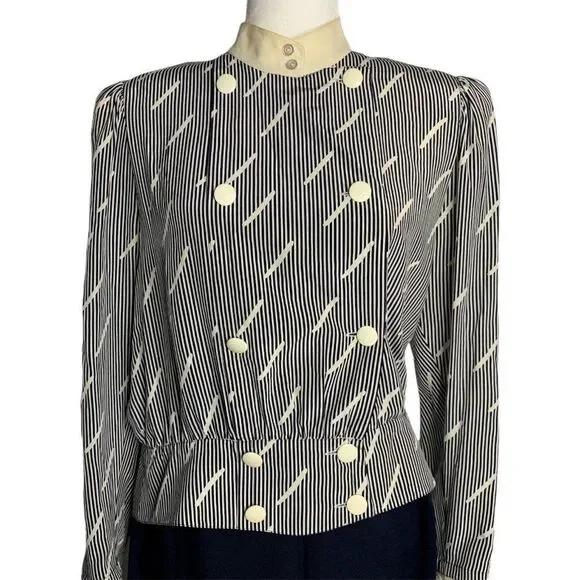 Vintage 80s Louis Feraud Top Skirt Set 12 Navy Blue Linen Silk Stripe - Picture 3 of 9